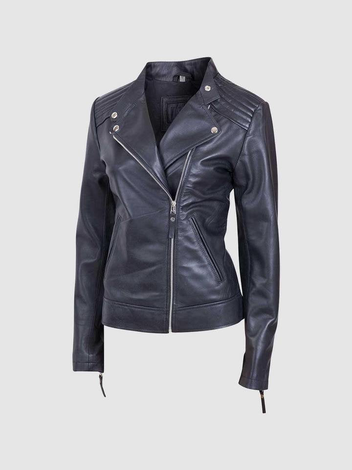 New Design Women's Black Leather Biker Jacket with Zipper and Lapel Collar