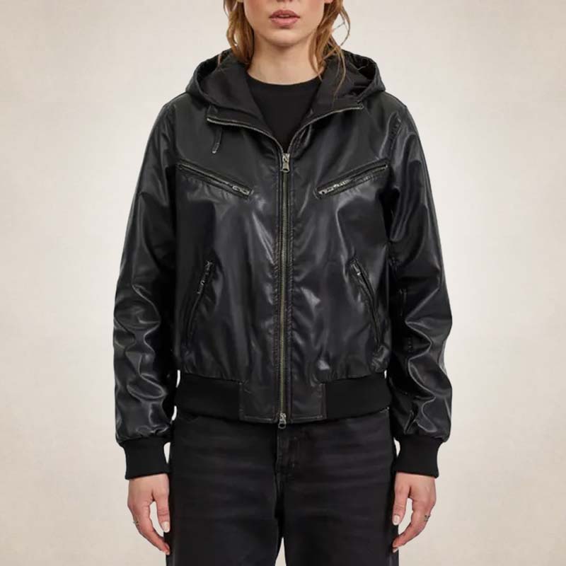 Sporty women's black leather bomber jacket with attached hood and zip closure in modern streetwear style