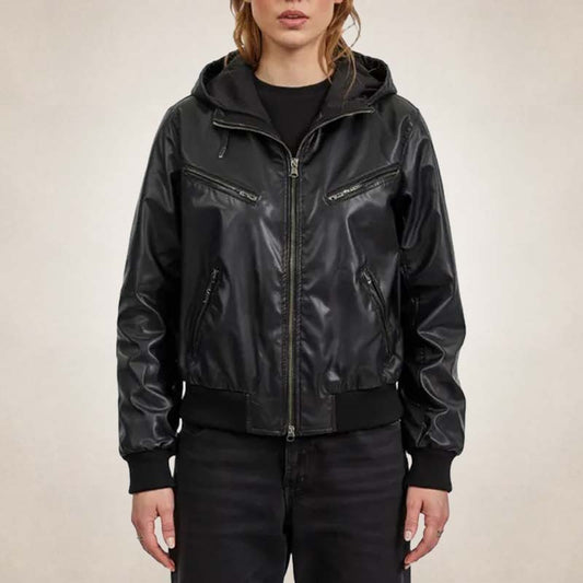 Sporty women's black leather bomber jacket with attached hood and zip closure in modern streetwear style