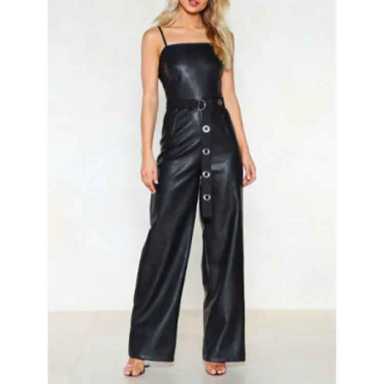 Women's Black Leather Full Length Jumpsuit - Bold and Timeless