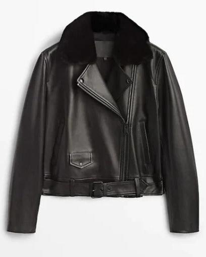 Women's Black Leather Jacket with Fur Collar - Winter Fashion