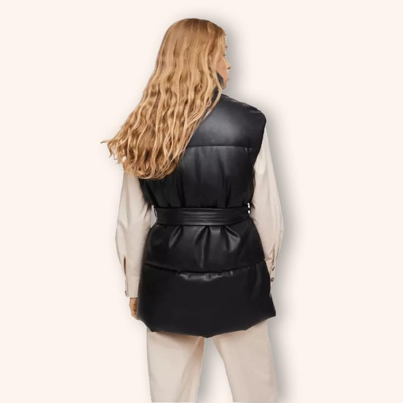 Women’s Black Leather Puffer Vest