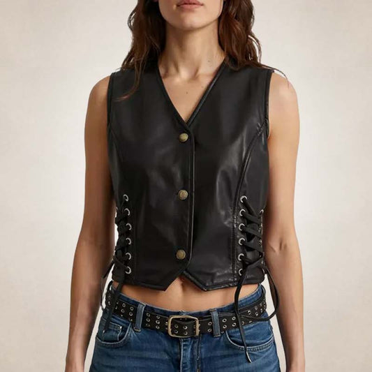 Women’s Fitted Black Leather Vest with Side Laces