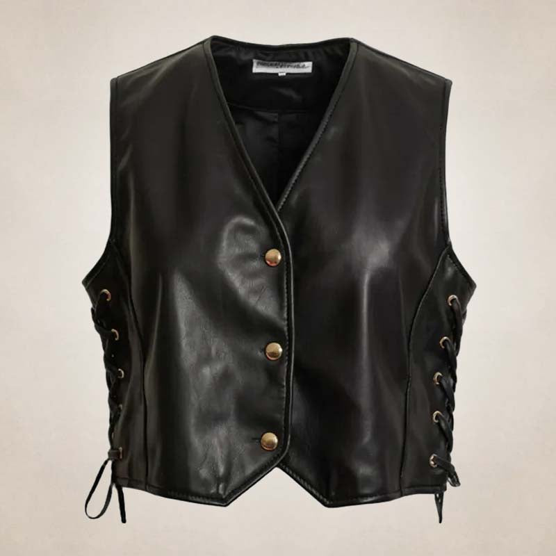 Women’s Classic Black Leather Vest with Side Lacing - Western Style