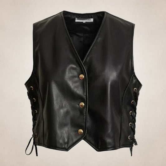 Women’s Classic Black Leather Vest with Side Lacing - Western Style