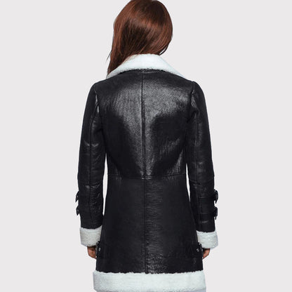 Women's Black Leather Long Coat with White Shearling