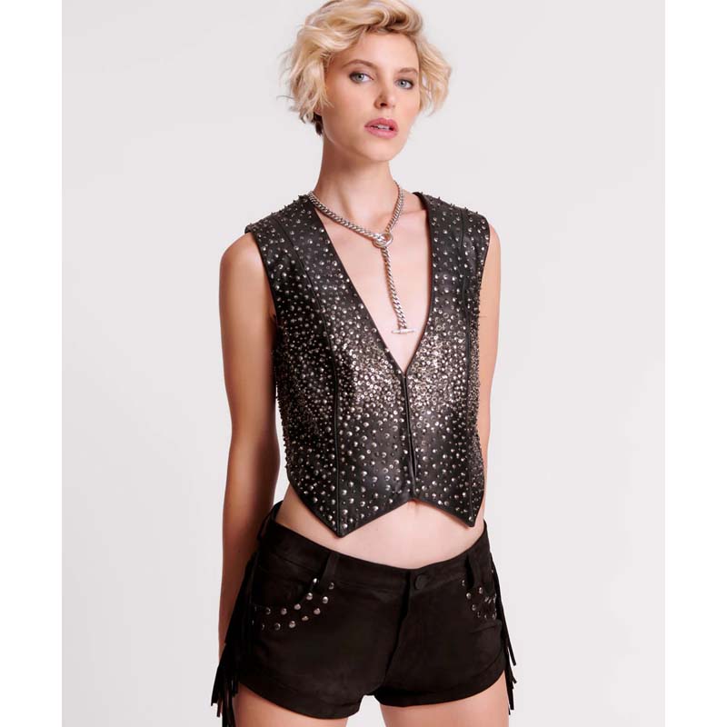 Women's Black Low-Waist Fringed Suede Leather Shorts