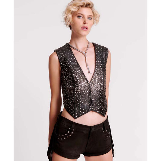 Women's Black Low-Waist Fringed Suede Leather Shorts