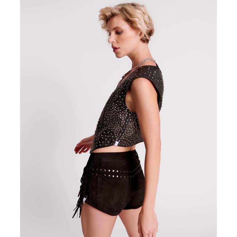 Women's Black Low-Waist Fringed Suede Leather Shorts