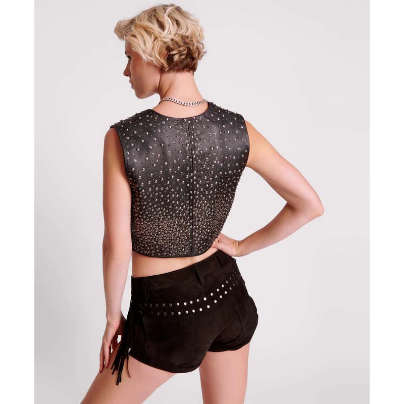 Women's Black Low-Waist Fringed Suede Leather Shorts