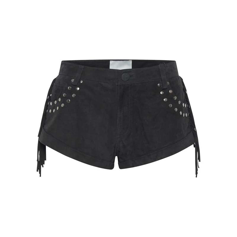 Women's Black Low-Waist Fringed Suede Leather Shorts