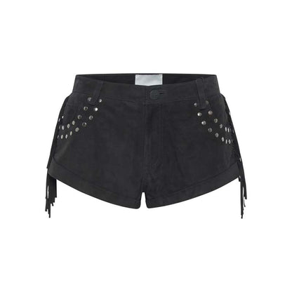 Women's Black Low-Waist Fringed Suede Leather Shorts