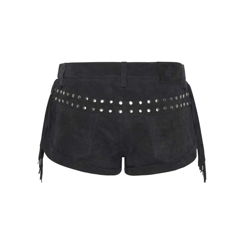 Women's Black Low-Waist Fringed Suede Leather Shorts