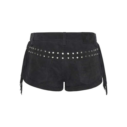 Women's Black Low-Waist Fringed Suede Leather Shorts