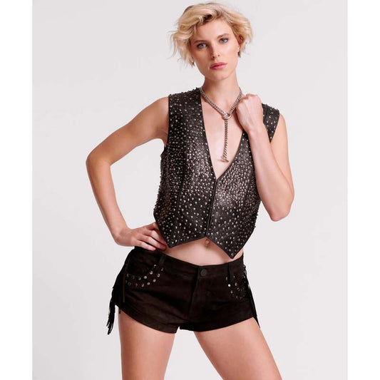 Women's Black Low-Waist Fringed Suede Leather Shorts