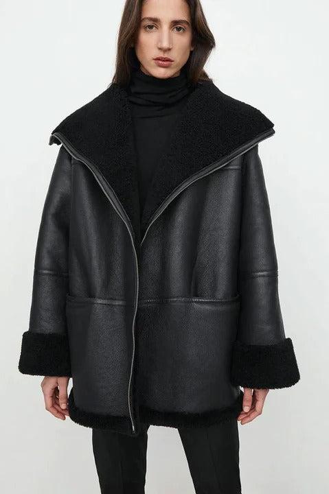 Women's Black Oversized Shearling Leather Jacket