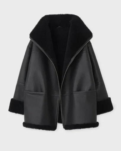 Women's Black Oversized Shearling Leather Jacket - Winter Outerwear