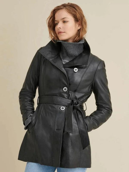 Women's Black Plain Leather Coat