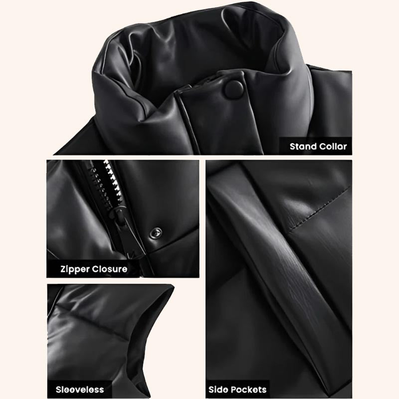 Women’s Black Puffer Leather Vest - Jackets Kingdom