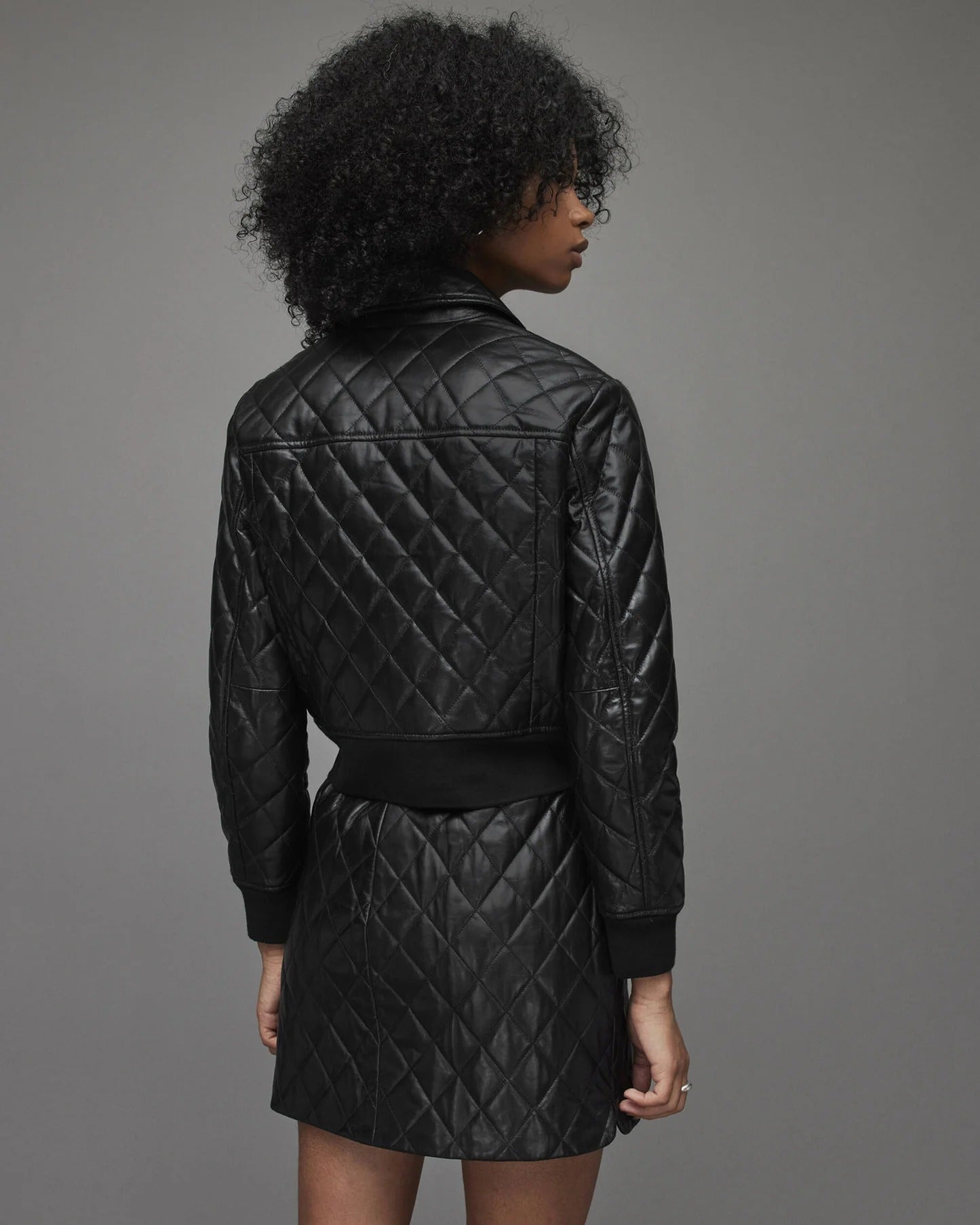 Women's Black Quilted Leather Bomber Jacket Back