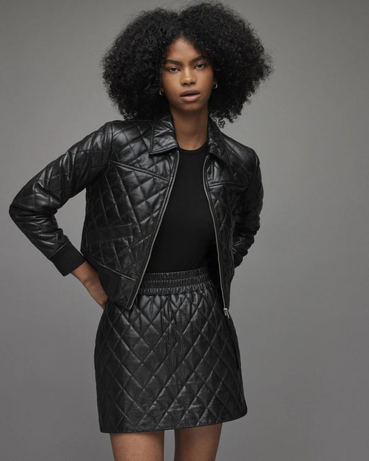 Women's Black Quilted Leather Bomber Jacket