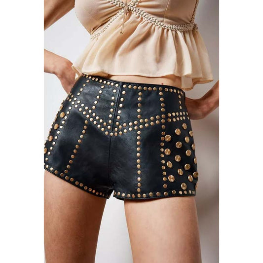 Women's Black Real Leather Studded Hotpant Shorts