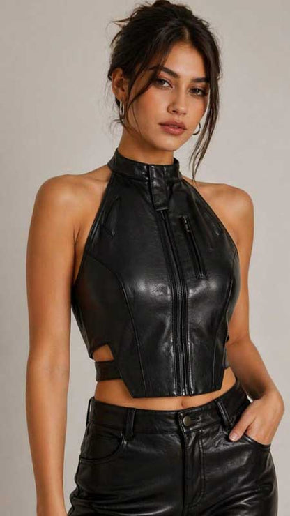Womens Black Sheepskin Leather Halter Crop Top