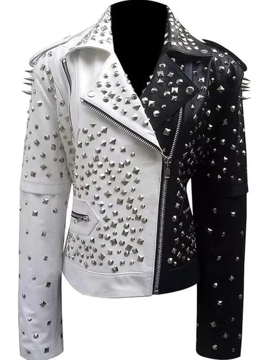 Women's Black and Silver Spiked Studded Biker Leather Jacket