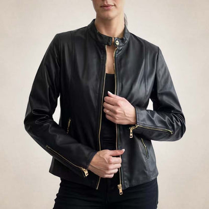 Women's Black Slim Fit Biker Leather Jacket with Gold Zipper