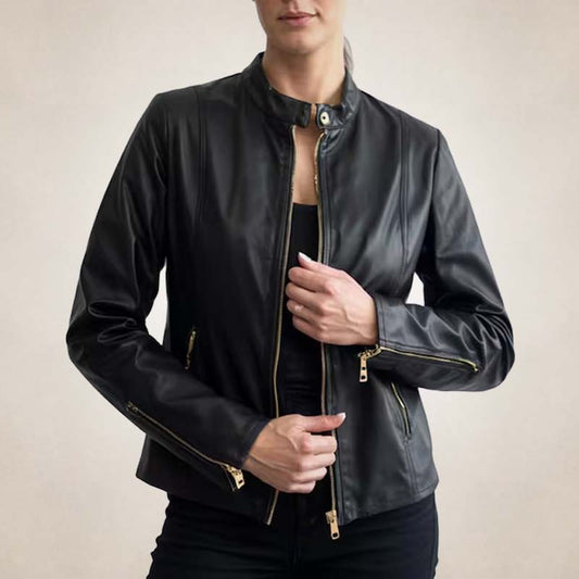 Women's Black Slim Fit Biker Leather Jacket with Gold Zipper