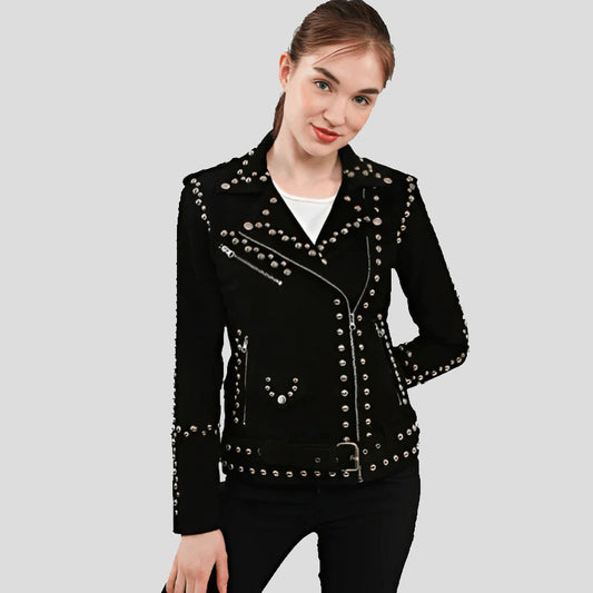 Black Studded Suede Leather Biker Jacket for Women