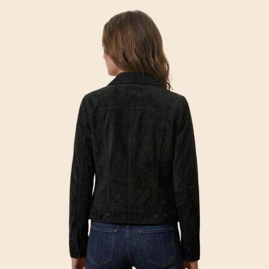 Black western suede jacket for women with cropped fit and classic trucker style
