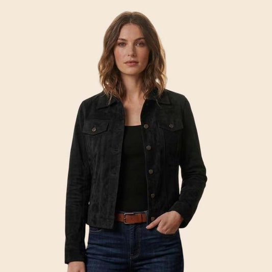 Women’s black suede trucker jacket by Jackets Kingdom with polished silver tone buttons