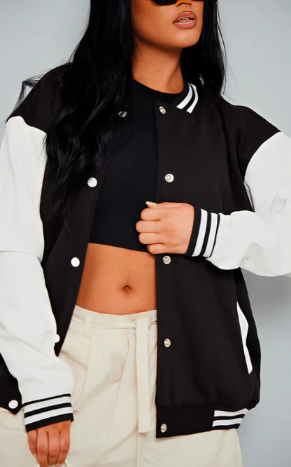 Women's Black Varsity Leather Bomber Jacket