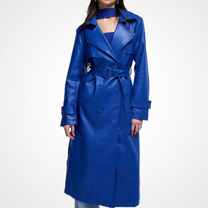 Women’s Blue Leather Long Coat with Storm Flap