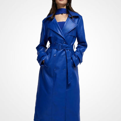 Women’s Blue Leather Long Coat with Storm Flap