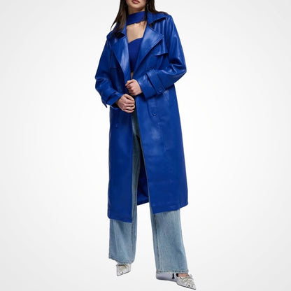 Women’s Blue Leather Long Coat with Storm Flap