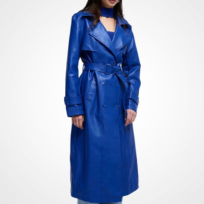 Women’s Blue Leather Long Coat with Storm Flap