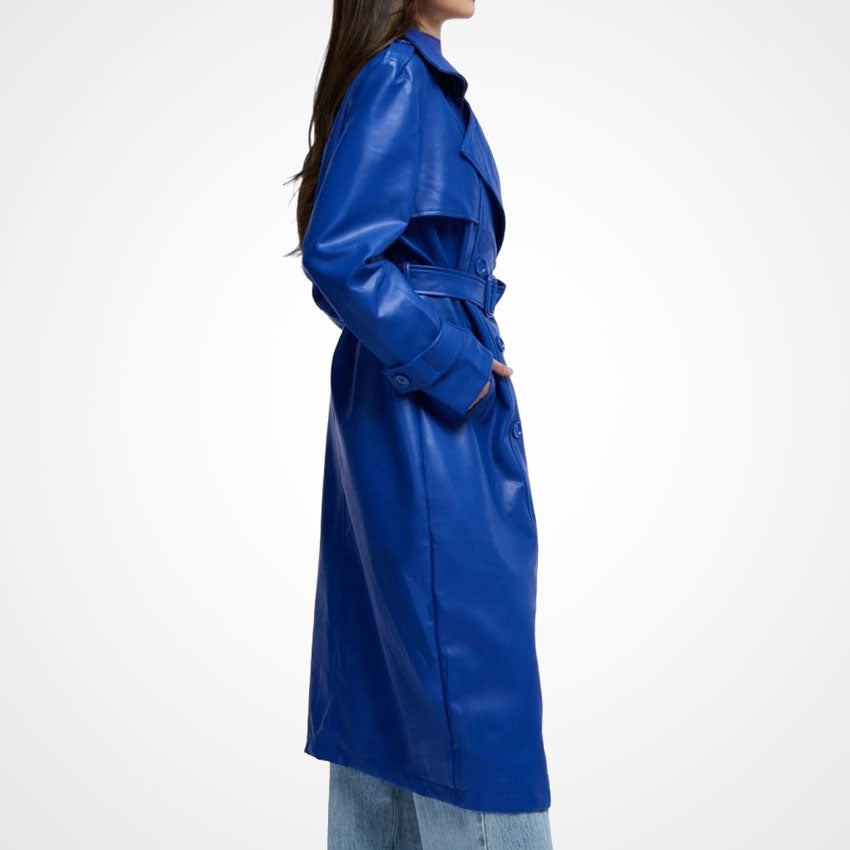 Women’s Blue Leather Long Coat with Storm Flap