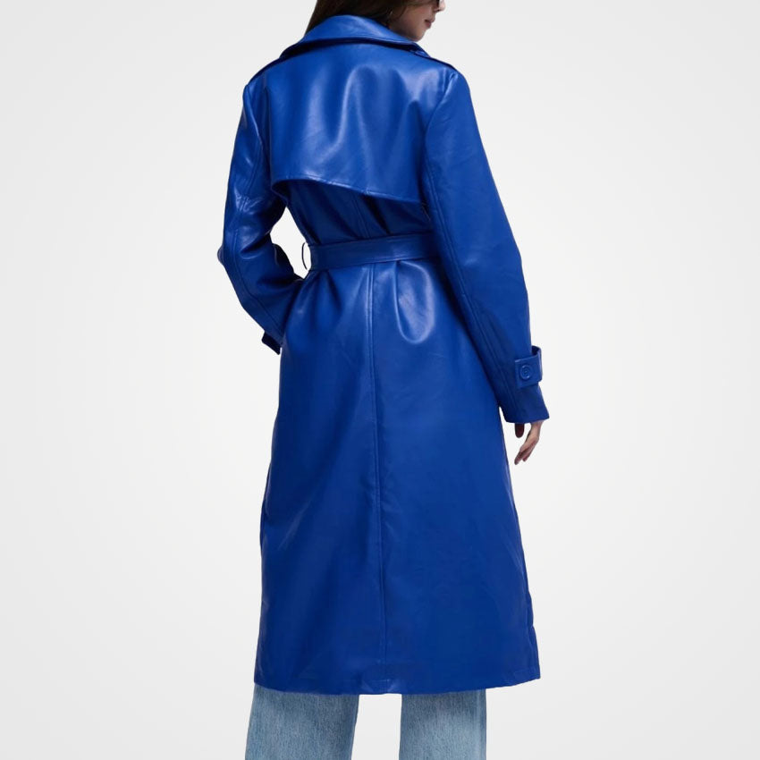 Women’s Blue Leather Long Coat with Storm Flap