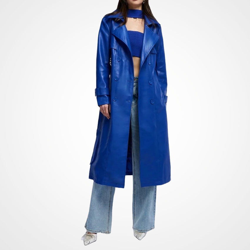 Women’s Blue Leather Long Coat with Storm Flap