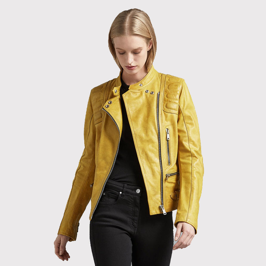 Stylish Women's Bright Yellow Leather Jacket - Biker Jacket