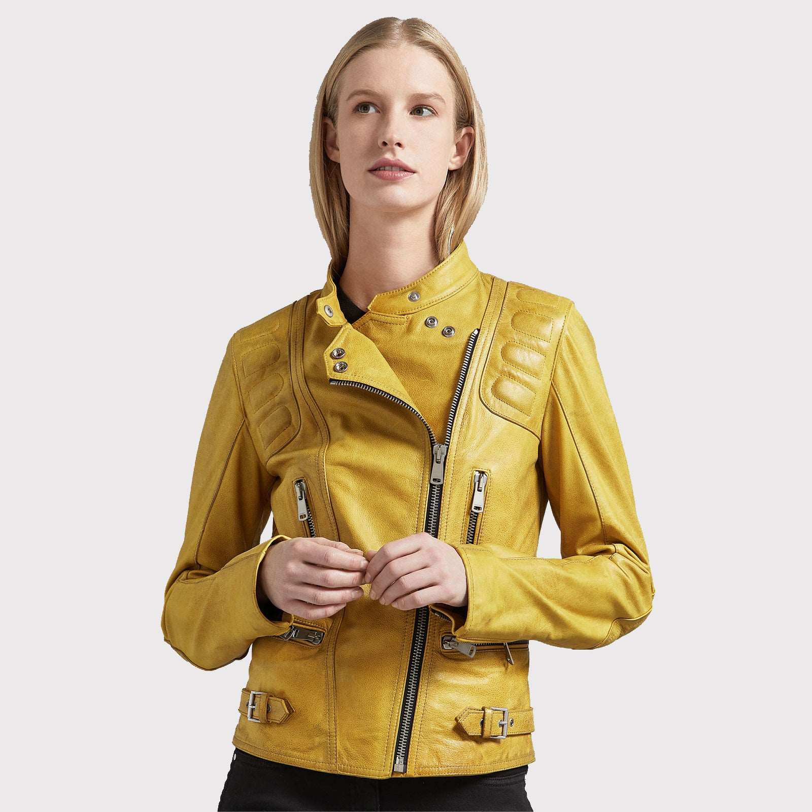 Stylish Women's Bright Yellow Leather Jacket - Biker Jacket