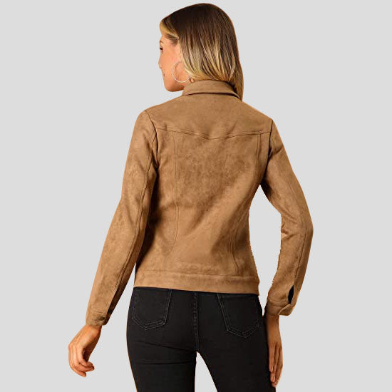 Women's Brown Button Suede Leather Jacket | Stylish and Versatile