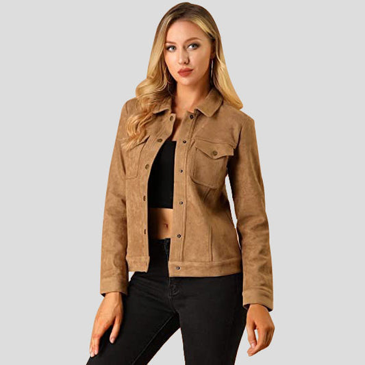 Women's Brown Button Suede Leather Jacket | Stylish and Versatile