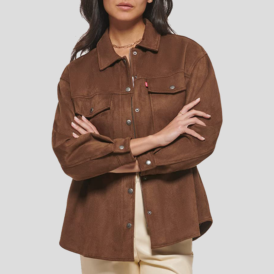 Women's Brown Carafe Soft Suede Leather Shirt Jacket