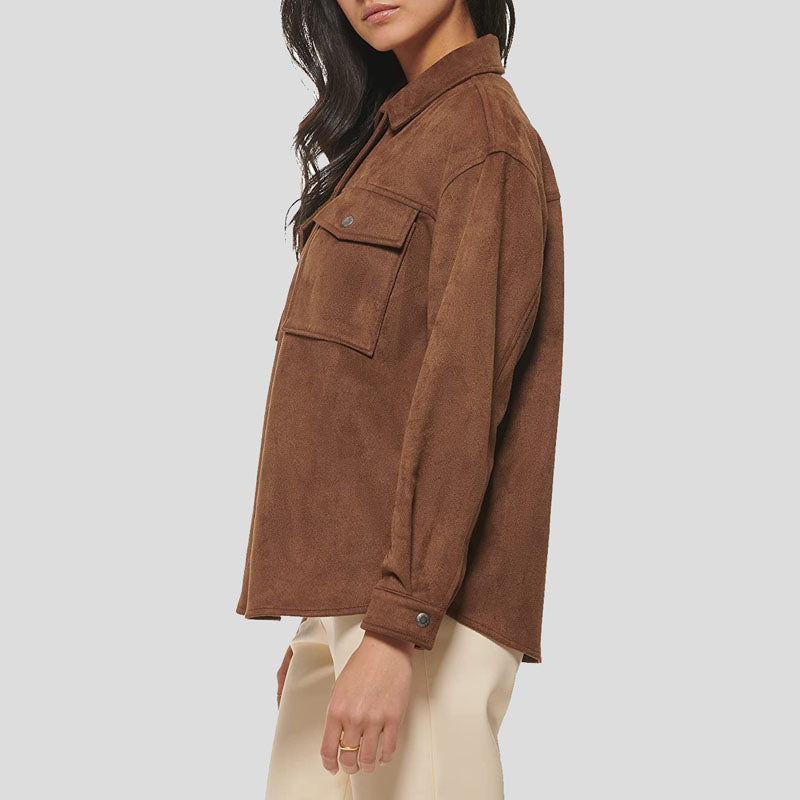 Women's Brown Carafe Soft Suede Leather Shirt Jacket