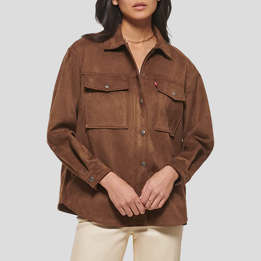 Brown Carafe Soft Suede Leather Shirt Jacket for Women