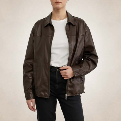 Women's brown leather jacket with trendy casual outerwear style