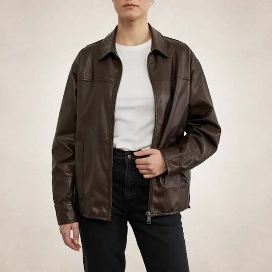 Women's brown leather jacket with trendy casual outerwear style